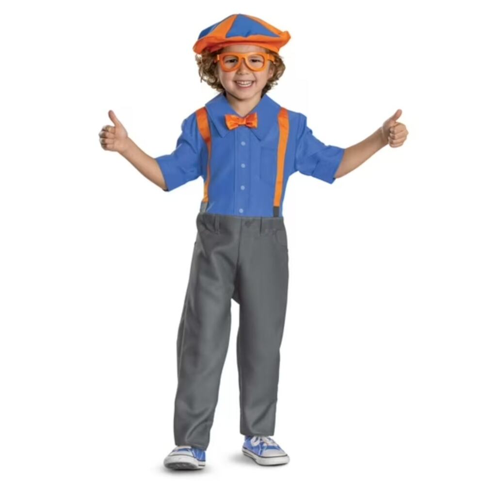 Blippi Costume Toddler with Jumpsuit Bowtie Suspenders Hat and Glasses 23-3T